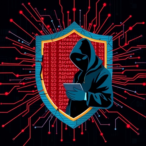 破碎數位護盾圖示,暴露姓名與地址等個人資料,駭客身影操縱軟體供應鏈,影響法庭系統與陪審團資料