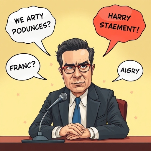 嚴肅的西裝 CEO 坐在麥克風前，臉上缺乏同理心，周圍浮現憤怒的思想泡泡，代表公眾對爭議言論的憤慨