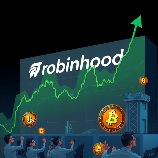 An illustration of a stock chart dramatically falling with Robinhood logo in the background and symbols of bitcoin and AI chips indicating a sharp decline in value a gloomy atmosphere with worried investors illustration style