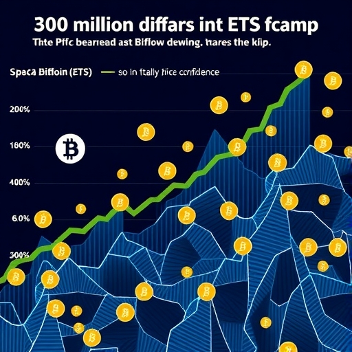 An illustration of a strong inflow of 300 million dollars into Bitcoin spot ETFs after outflows, with Asian traders buying the dip on corrections, signaling renewed confidence