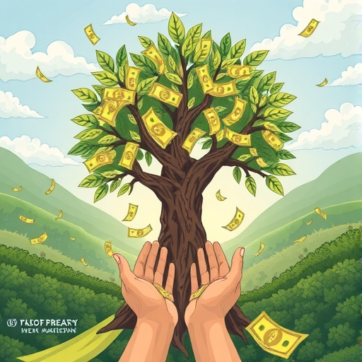 An illustration of a sturdy money tree with cash flowing into hands symbolizing stable income and capital appreciation in a robust financial landscape