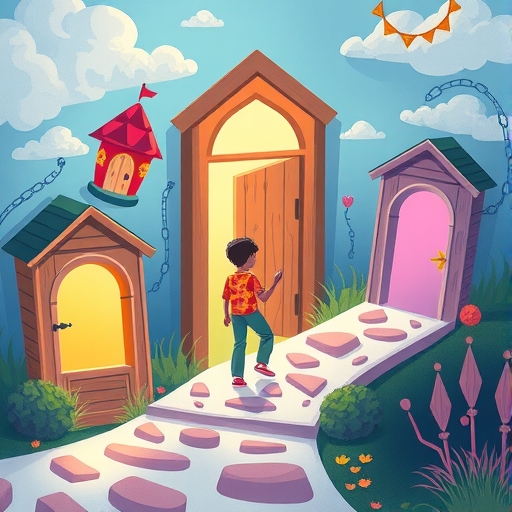 青少年探索互動故事路徑，分支選擇如奇幻門戶通往新冒險，由友善 AI 角色引導激發創意