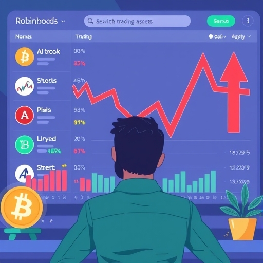 An illustration of a trading platform interface showing various trending assets like Bitcoin and AI stocks with red down arrows a confused retail investor observing the screen highlights Robinhoods dependency illustration style