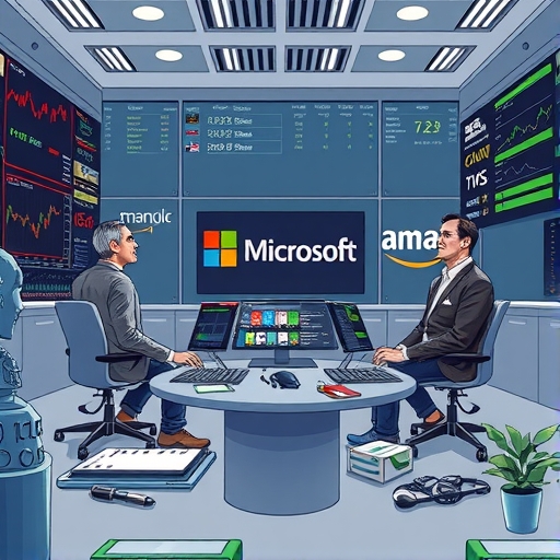 交易室中投資者如Dan Sundheim和Dan Loeb自信投資AI科技巨頭如Google、Microsoft、Nvidia和Amazon的插圖