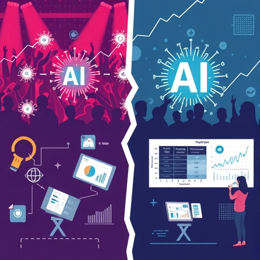 An illustration of a transition from a crowd cheering wildly at glowing AI symbols to people meticulously examining detailed financial reports and data charts with a focus on real company value and digital transformation
