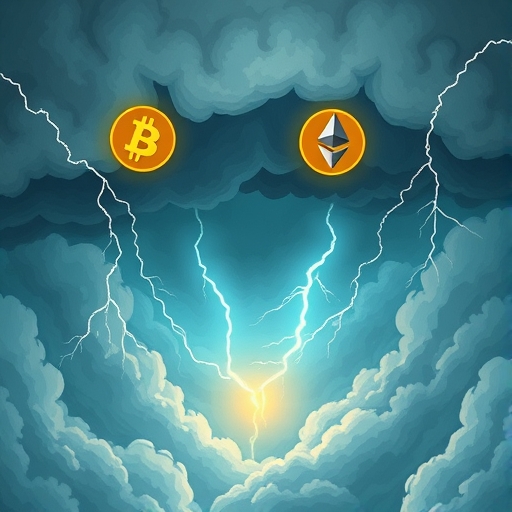 Turbulent cryptocurrency market with Bitcoin and Ethereum in stormy conditions