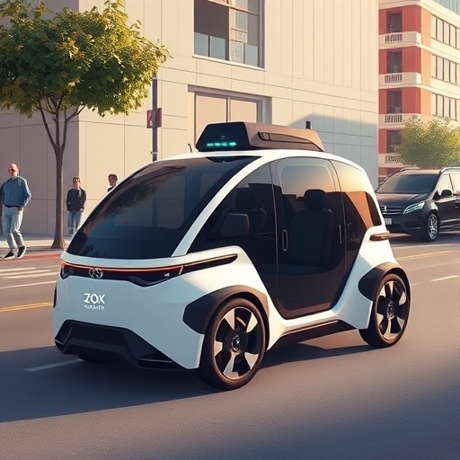 獨特雙向Zoox自動駕駛車輛無方向盤與踏板，在舊金山提供免費試乘的插圖，收集用戶反饋以推動商業化