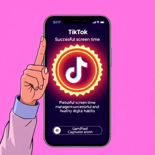 用戶自豪顯示TikTok應用程式上發光的數位徽章，象徵成功管理螢幕時間與健康數位習慣的遊戲化獎勵