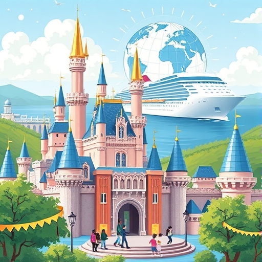充滿活力的迪士尼主題樂園插圖,有標誌性城堡與快樂家庭,背景有遊輪航行與顯示全球旅遊復甦的地球,疊加財務圖表顯示休閒娛樂強勁營收與獲利