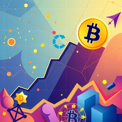 An illustration of a vibrant cryptocurrency market with a rising Bitcoin Cash graph and a slightly dipping Bitcoin graph alongside abstract representations of innovation and regulation global economy illustration style
