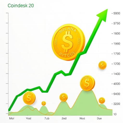 Solana 幣在綠色曲線上優雅上升,而 Coindesk 20 圖表中其他加密資產向下趨勢的插圖