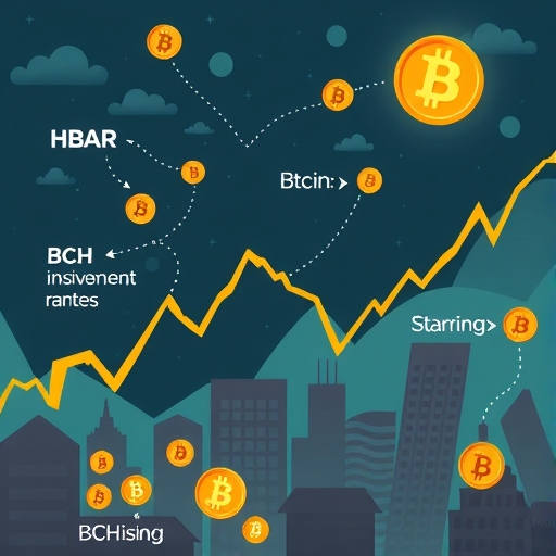 加密貨幣市場波動示意圖，HBAR 下跌、比特幣遇阻、BCH 上漲、金融機構進入、多樣化投資策略