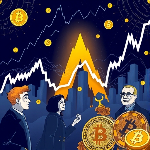 比特幣市場劇烈波動插圖，價格暴跌線條與驚訝投資者，新加密秩序形成背景