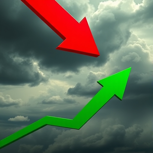 市場結構弱化的插圖，大紅色賣出箭頭壓倒小綠色買入箭頭，背景中通貨膨脹與利率上升等全球經濟因素如風暴雲層