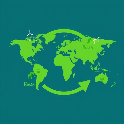 全球地圖上綠色能源符號與循環經濟箭頭,象徵資源再利用與廢棄物減量,代表淨零碳排與永續發展