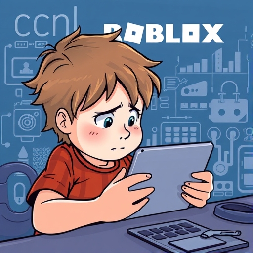 擔憂的孩子在平板上玩遊戲，背景隱藏數位威脅，Roblox 標誌隱約可見，象徵兒童安全挑戰