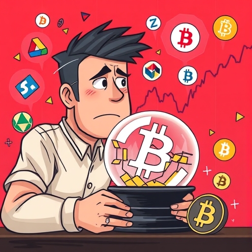 擔憂的投資者看著紅色向下趨勢的比特幣圖表,各種加密貨幣標誌顯示壓力與不確定性,破碎的水晶球代表預測失敗