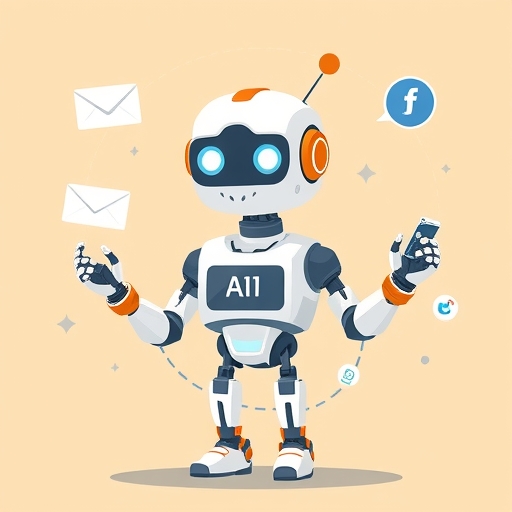 AI機器人自動化數位行銷任務插圖，包括電子郵件活動、社群媒體排程與客戶服務聊天機器人，提升效率並個人化企業外展