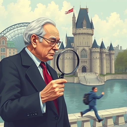 類似華倫巴菲特的資深投資者審視護城河深厚的城堡插圖，周遭交易員匆忙忽略