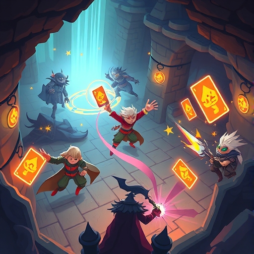 Monolisk 遊戲動感玩法插圖,展現風格化角色在玩家設計的地下城中戰鬥,包含發光卡牌與動作效果,呈現 RPG 風格