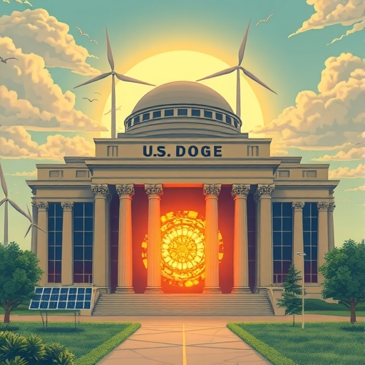 全球能源轉型與氣候變化影響的插圖，展示美國能源部建築從太陽能板和風力渦輪機轉向發光核融合反應爐，象徵未來能源