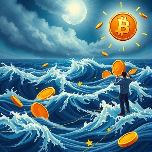 全球金融市場動盪插圖,顯示日圓符號沉沒而比特幣浮起,投資者在風暴雲中展現希望與恐懼