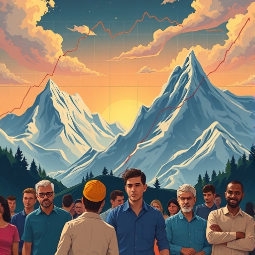 全球金融市場波動插圖,顯示加密貨幣圖表如山脈般起伏,一群投資者帶著複雜情緒觀望,代表市場概覽與關鍵趨勢