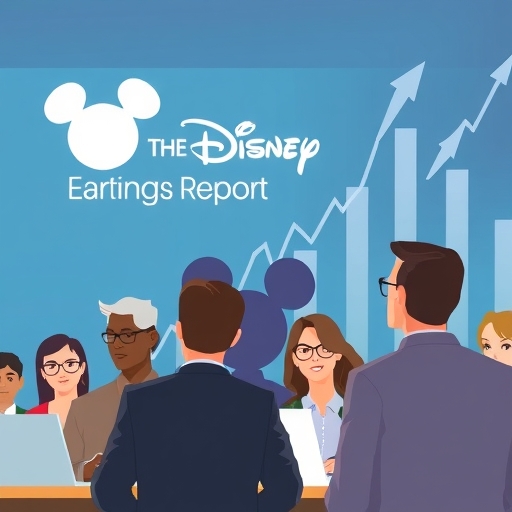 投資者與分析師熱切等待迪士尼財報的插圖,背景有上升的股票圖表,融入米老鼠耳朵標誌,充滿期待與財務分析氛圍