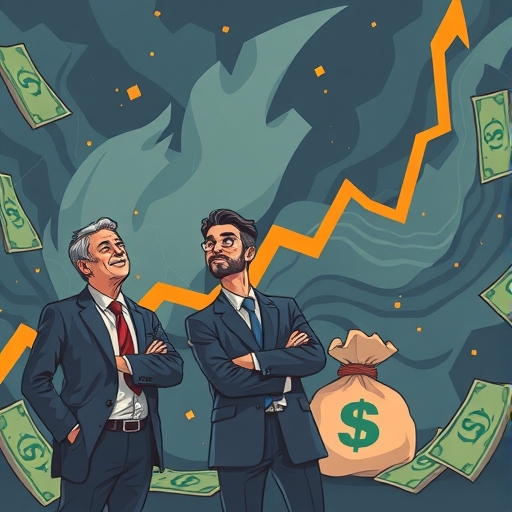 An illustration of investors confidently looking at a rising stock chart with money bags flowing in a turbulent market background depicting stability and growth