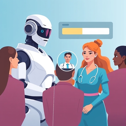 求職者多元形象，一具機器人招聘員給女性候選人低分，男性醫生與女性護士圖示由數位障礙分隔