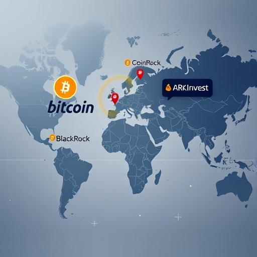 大型金融機構如BlackRock與ARK Invest在全球地圖上配置比特幣與Coinbase投資，展現機構採用與市場深度增加插圖