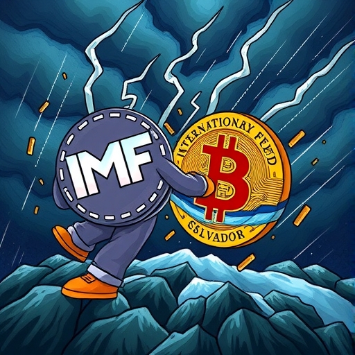 國際貨幣基金組織對薩爾瓦多施壓,金融機構象徵推回比特幣圖標,全球金融穩定擔憂與加密市場波動如風暴天氣
