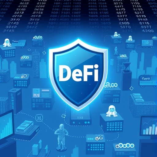 繁忙的 DeFi 市場插圖，Aztec Network 建立的隱私盾牌保護用戶交易免於監控和搶先交易，象徵成長與信任