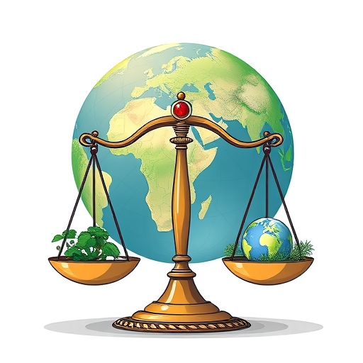 三個平衡天平插圖，代表經濟成長、社會進步與環境保護，背景為地球與氣候變遷及資源枯竭挑戰