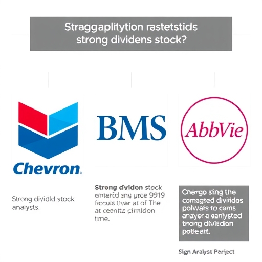 An illustration of three distinct company logos Chevron BMS AbbVie Blush each representing a strong dividend stock with analysts discussing their potential