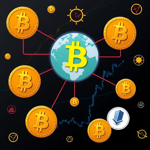 比特幣標誌透過無形線條連接至全球經濟符號,如股票市場圖表、代表地緣政治的地球儀和科技公司標誌,顯示相關性