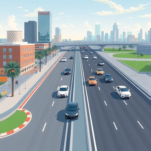 Waymo自動駕駛車輛在達拉斯市區街道與多車道高速公路行駛的插圖，象徵服務擴張與先進科技連結美國城市