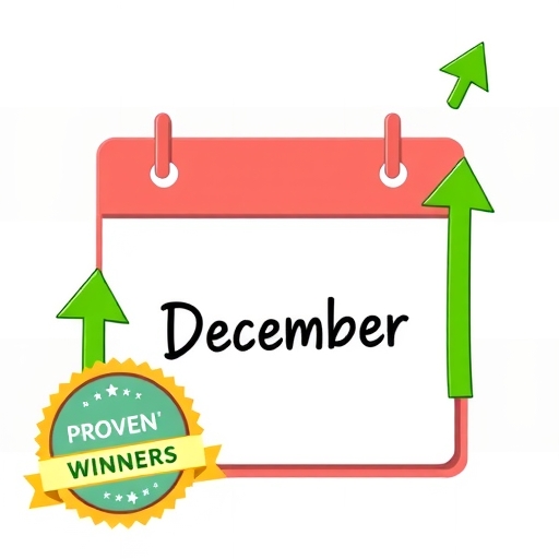 十二月日曆標註綠色上漲箭頭與優異標的徽章，代表歷史年終股市表現的樂觀氛圍