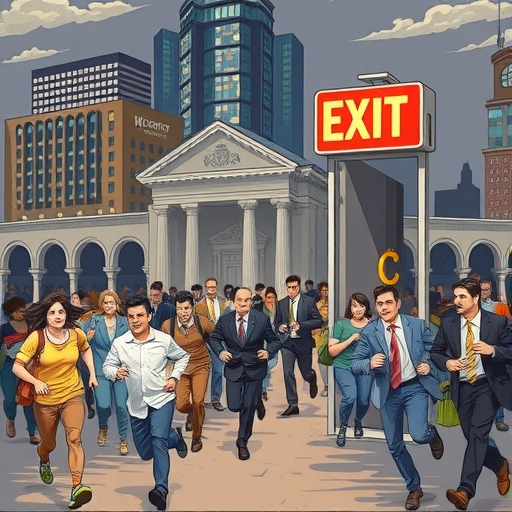 驚慌零售投資者奔向出口的插圖,少數平靜的機構投資者悄悄進入下跌的加密市場,象徵價格下跌與性格轉變