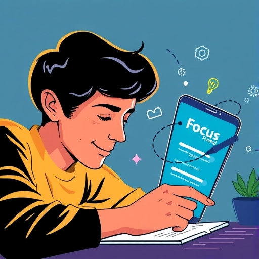 一位專注工作的人帶著溫和微笑的插圖,背景顯示 Focus Friend 應用程式的手機畫面,周圍環繞生產力符號如齒輪與燈泡