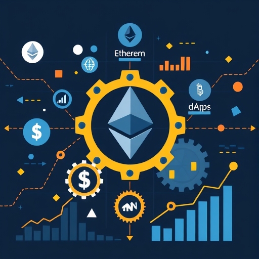 以太坊網絡的風格化插圖，智能合約與 dApps 如齒輪般互聯，賦能傳統金融符號如股票報價與圖表，代表其日益增長的影響力