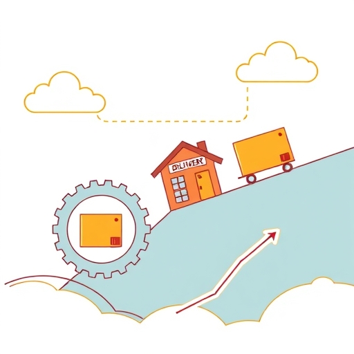 傳統包裹運輸公司演進,齒輪轉動與新路徑浮現,象徵策略轉型的下一階段