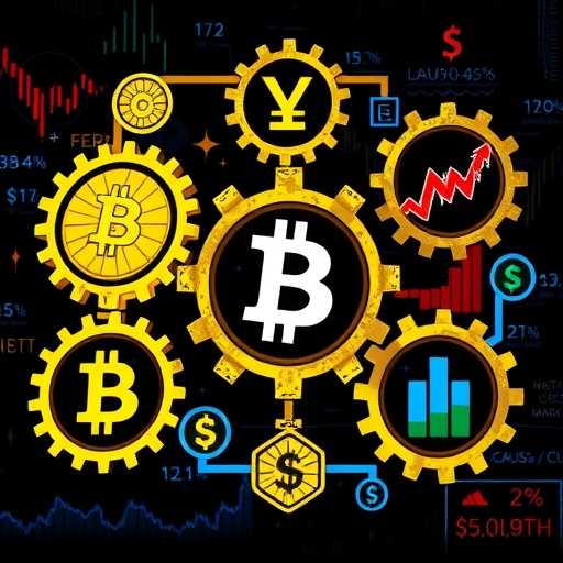 加密貨幣與股市互聯齒輪插圖，全球金融漣漪效應，廣泛市場不安氛圍