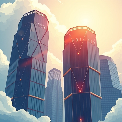 高聳科技巨頭建築以AI引擎驅動成長並象徵創新數據雲端的插圖