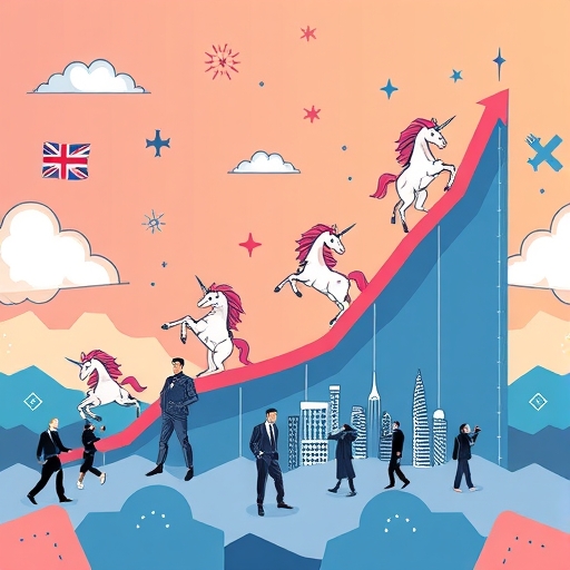 北歐新創快速成長插圖，圖表顯示上升趨勢、獨角獸符號與國際人才匯聚的科技樞紐