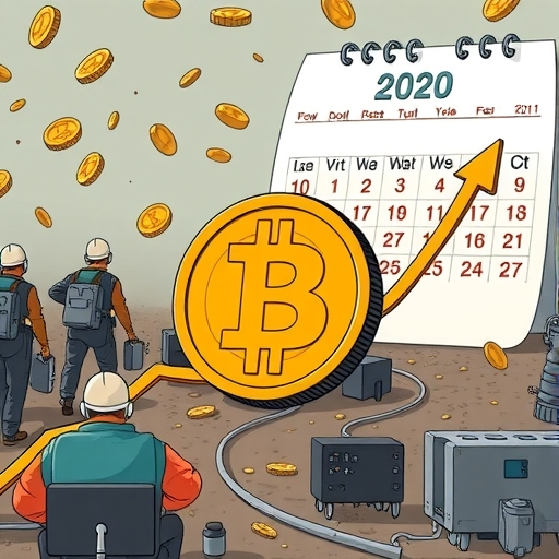 Illustration of Bitcoin making a cautious upward move with busy crypto miners working in the background and a giant calendar showing anticipated Fed rate cuts