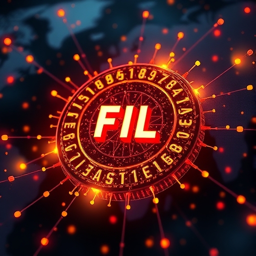 Filecoin FIL區塊鏈網路的插圖，數據粒子分布於全球伺服器節點，形成安全的分散式儲存系統，支持Web3並挑戰傳統方法
