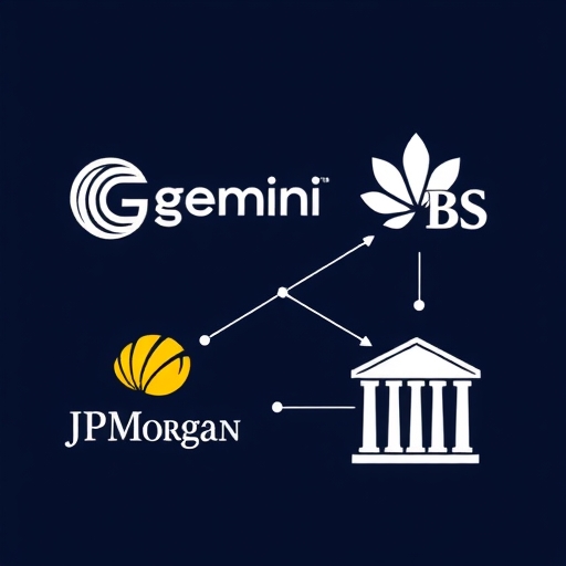 Gemini加密交易所標誌與JPMorgan及DBS銀行標誌，透過區塊鏈線條連接，展示安全國際交易的插圖