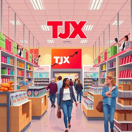 熱鬧的 TJX 商店內部，歡樂購物者發現如寶藏般的折扣高品質商品，堅韌自信的 TJX 品牌標誌可見，背景有上升趨勢圖表