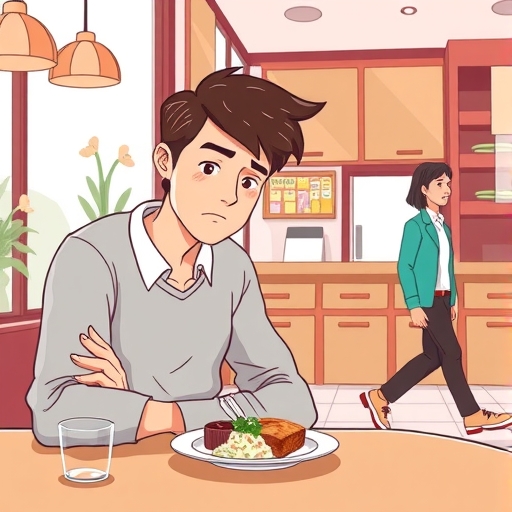 失望顧客注視小份餐點的咖啡廳插圖，另一顧客離開，傳達細微不滿與信任喪失，在乾淨現代環境中